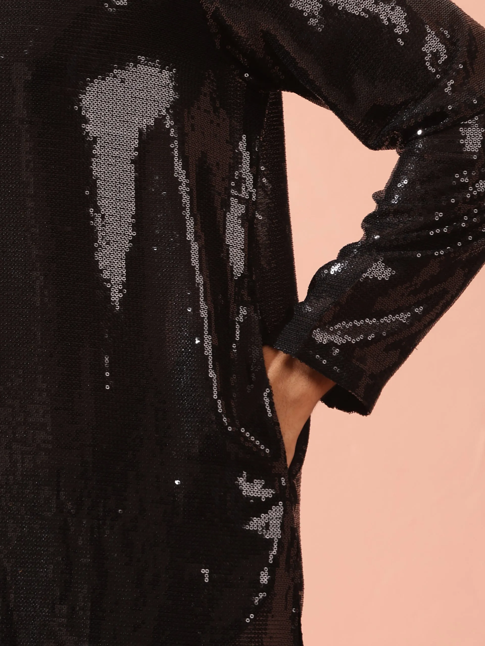 Debonair Black Sequin Kurta with Hidden Placket