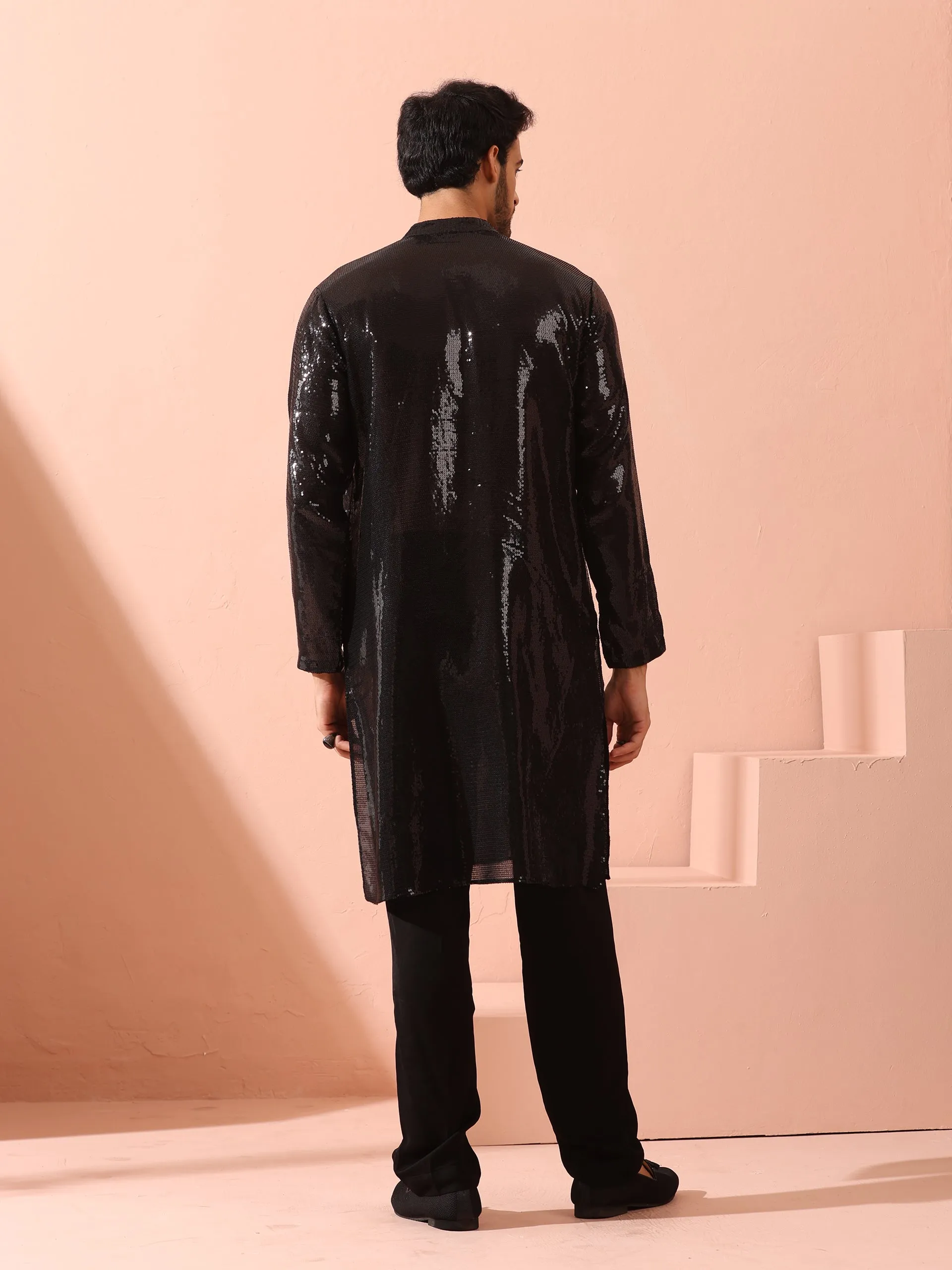Debonair Black Sequin Kurta with Hidden Placket