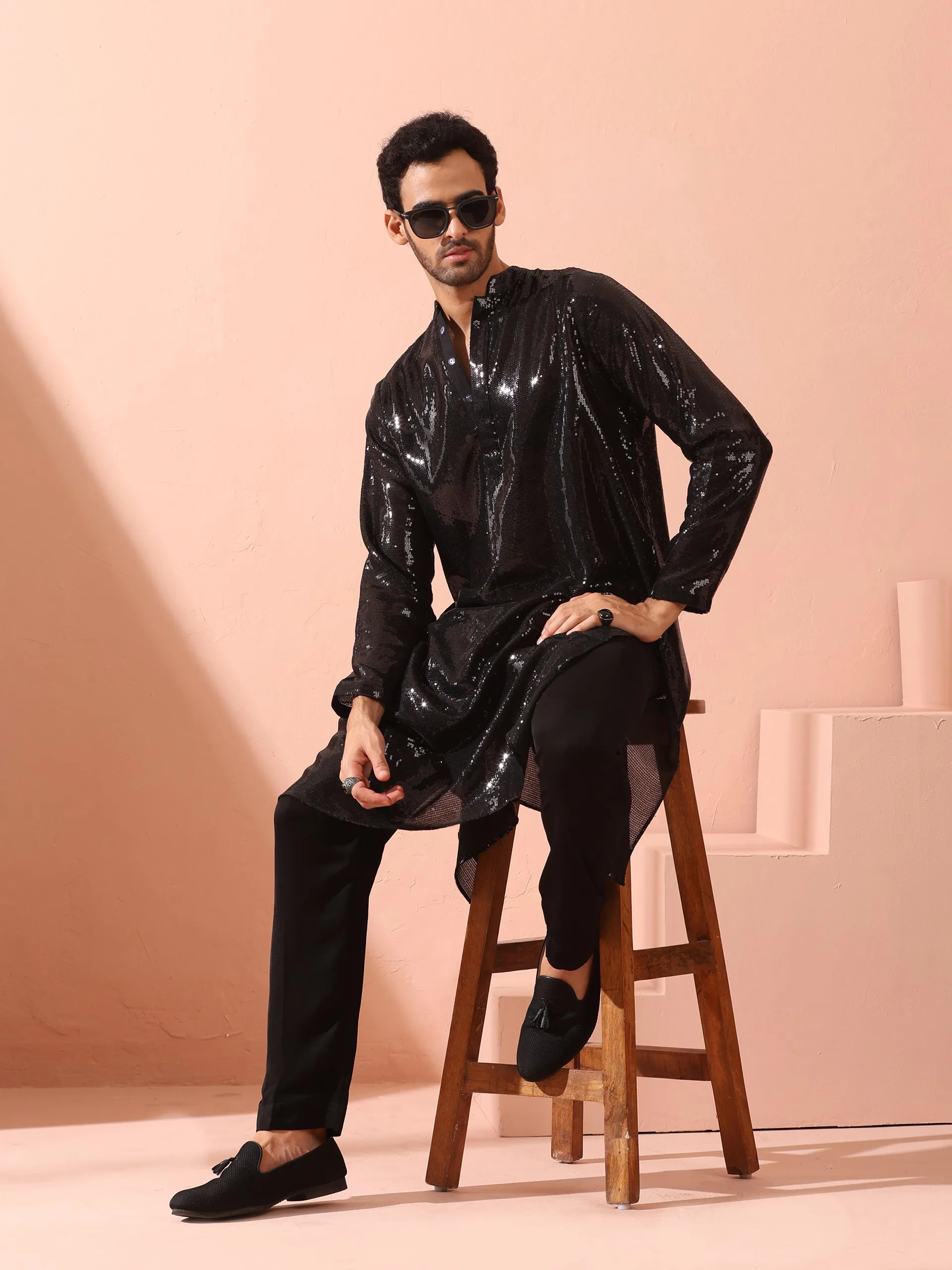 Debonair Black Sequin Kurta with Hidden Placket