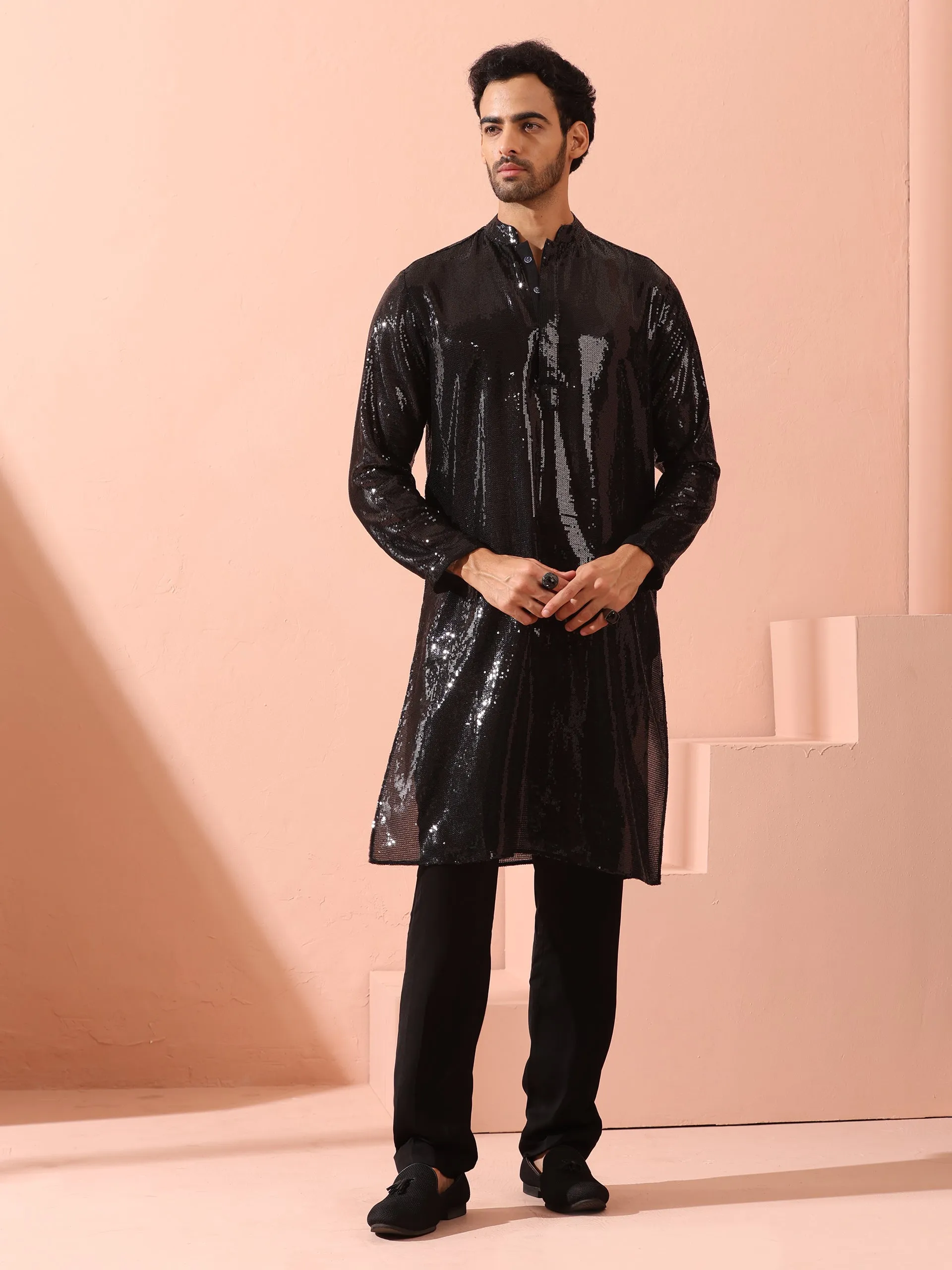 Debonair Black Sequin Kurta with Hidden Placket