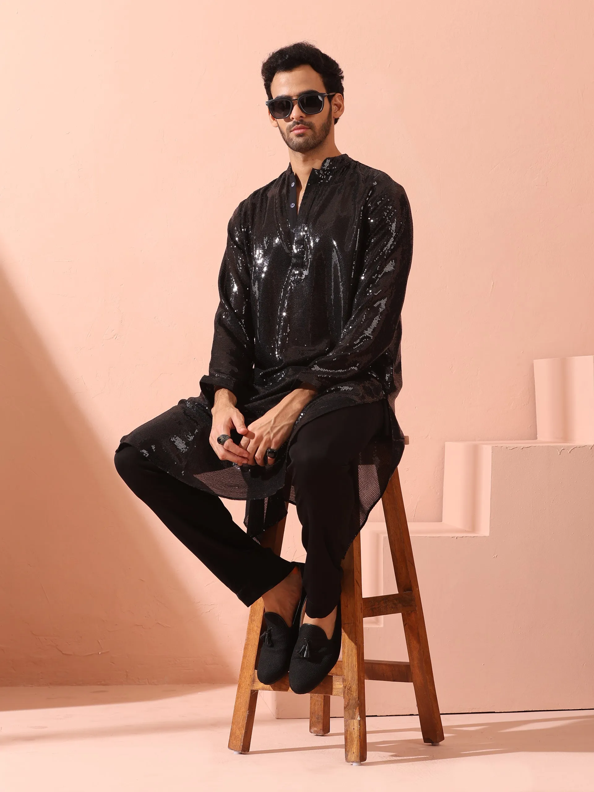 Debonair Black Sequin Kurta with Hidden Placket