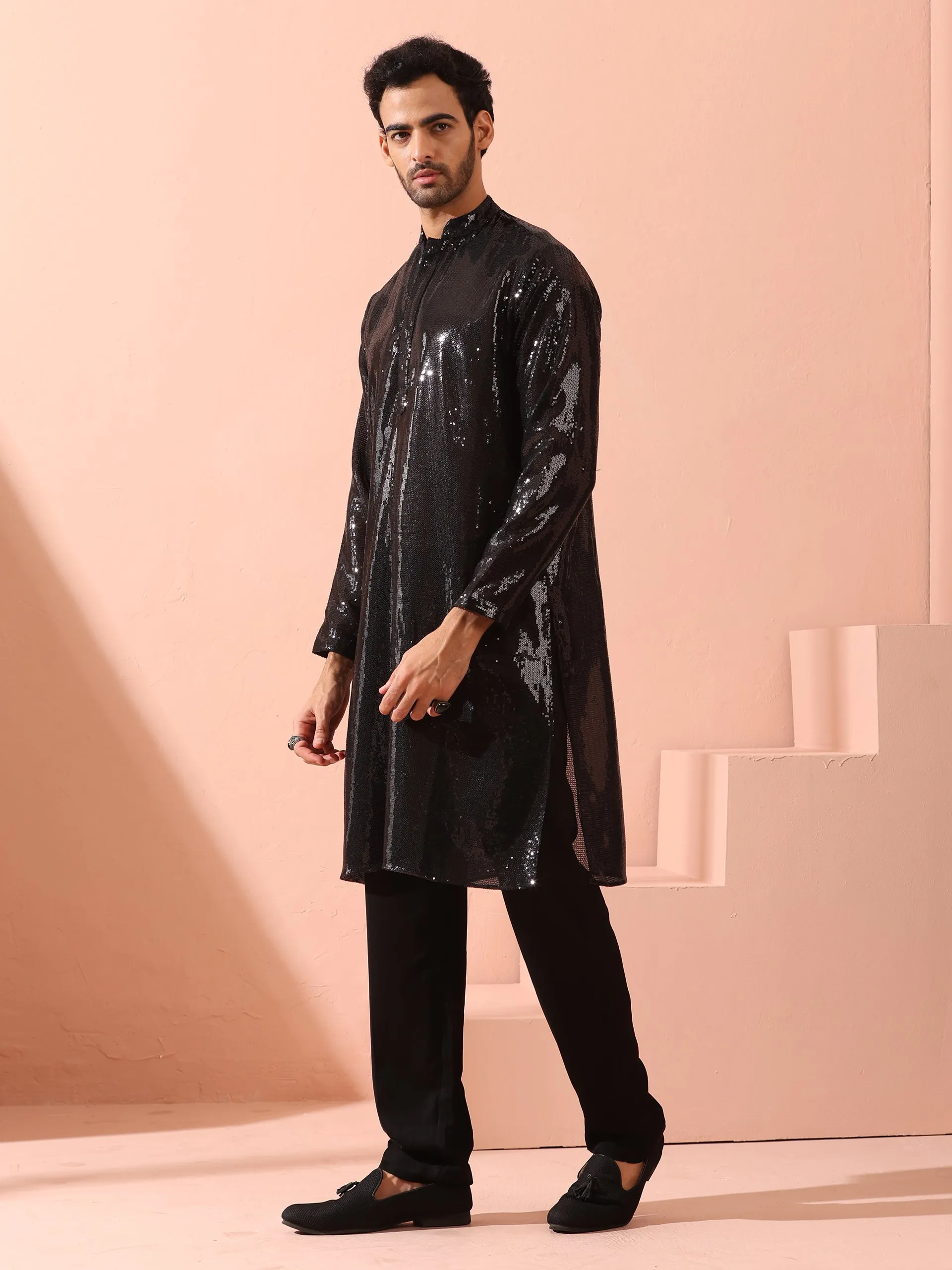 Debonair Black Sequin Kurta with Hidden Placket
