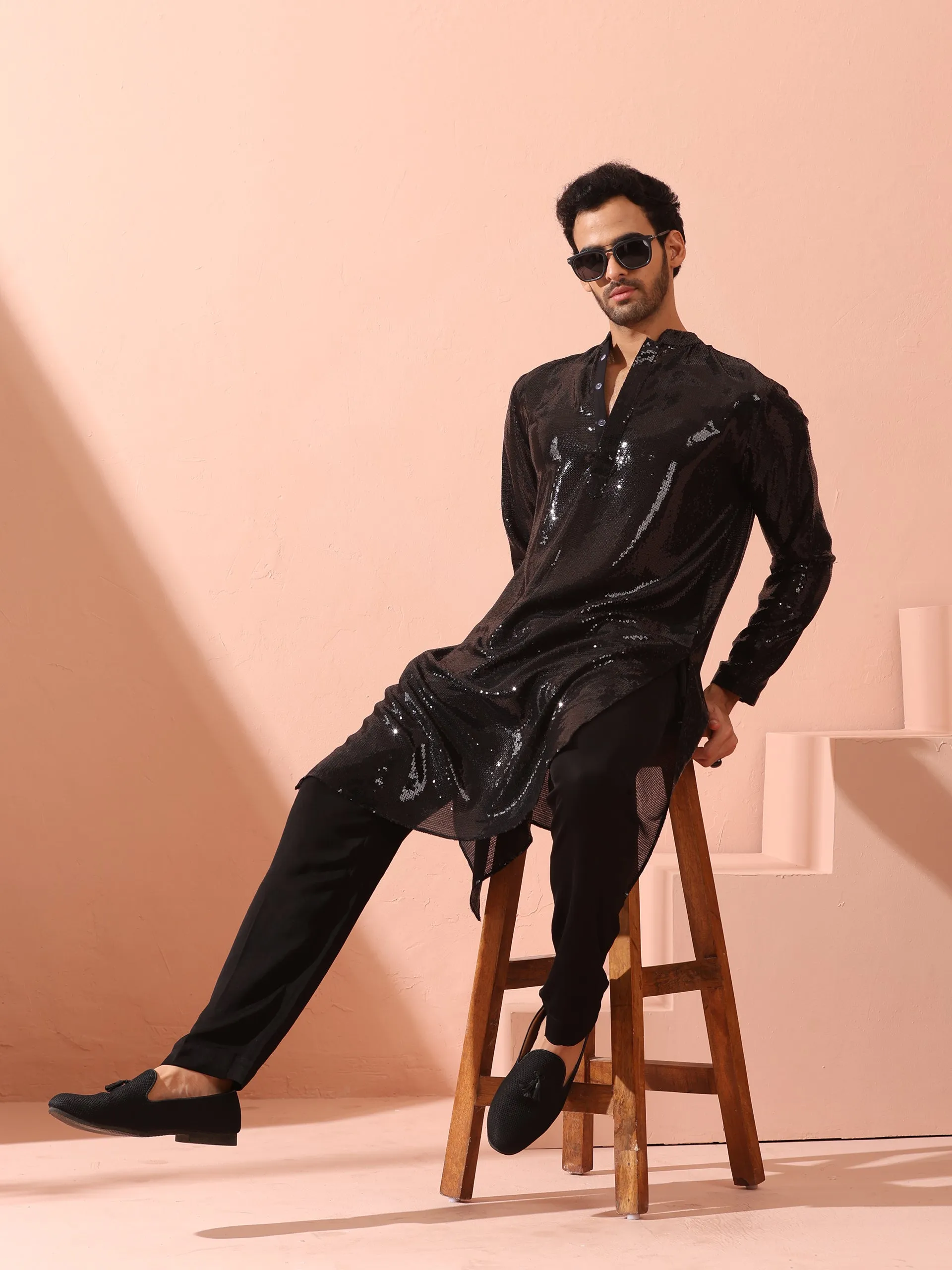 Debonair Black Sequin Kurta with Hidden Placket