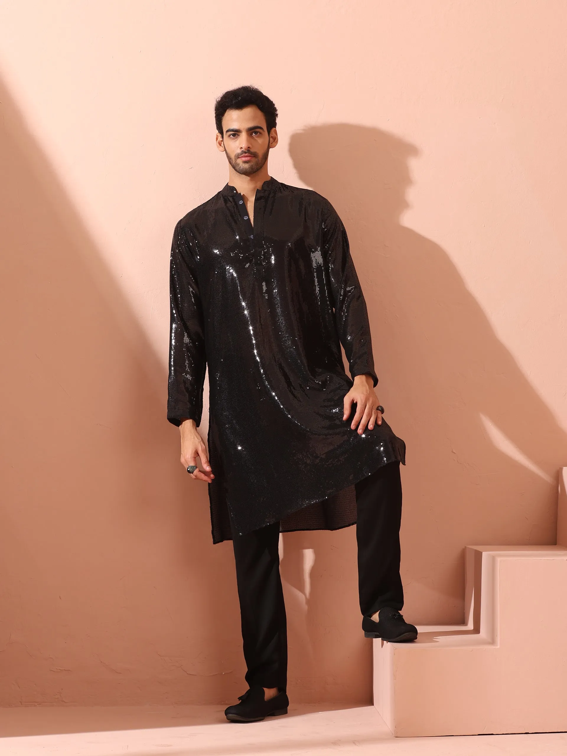 Debonair Black Sequin Kurta with Hidden Placket