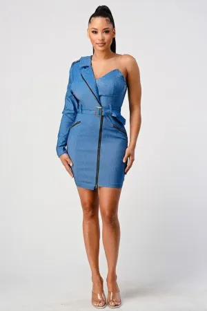DENIM BELT ONE OFF SHOULDER DRESS