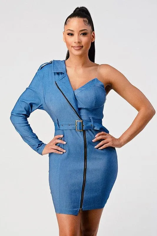 DENIM BELT ONE OFF SHOULDER DRESS