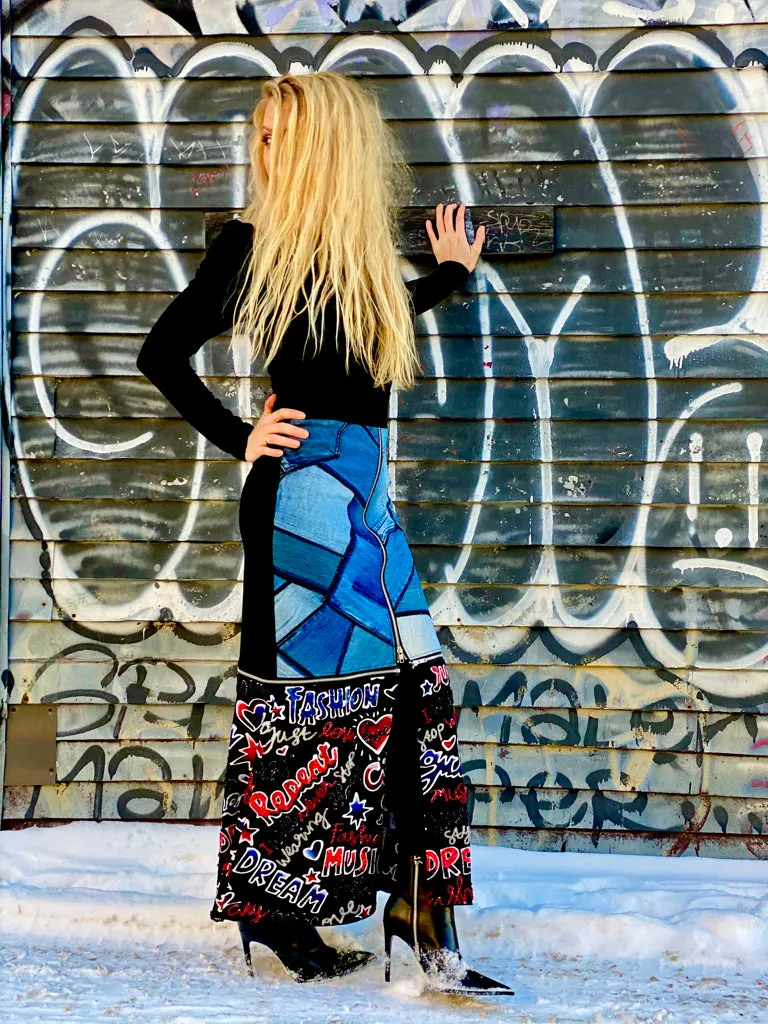 Denim Sequin Mixed Scribble Zip Off Skirt