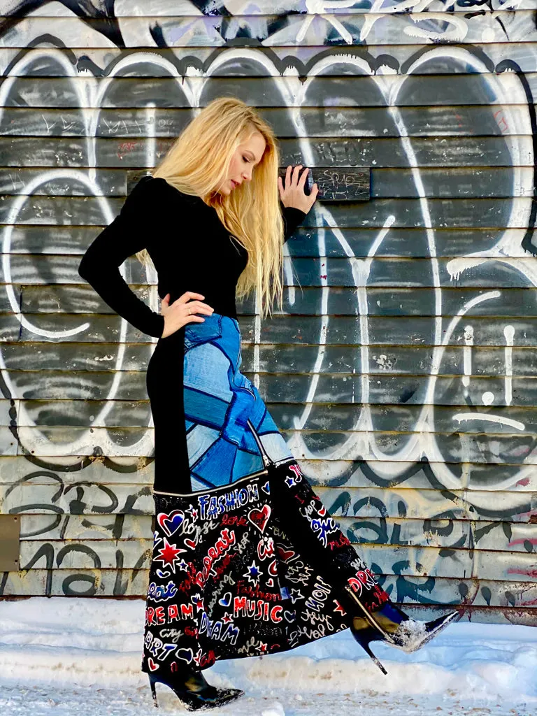 Denim Sequin Mixed Scribble Zip Off Skirt