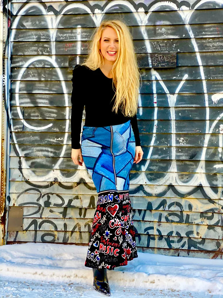 Denim Sequin Mixed Scribble Zip Off Skirt