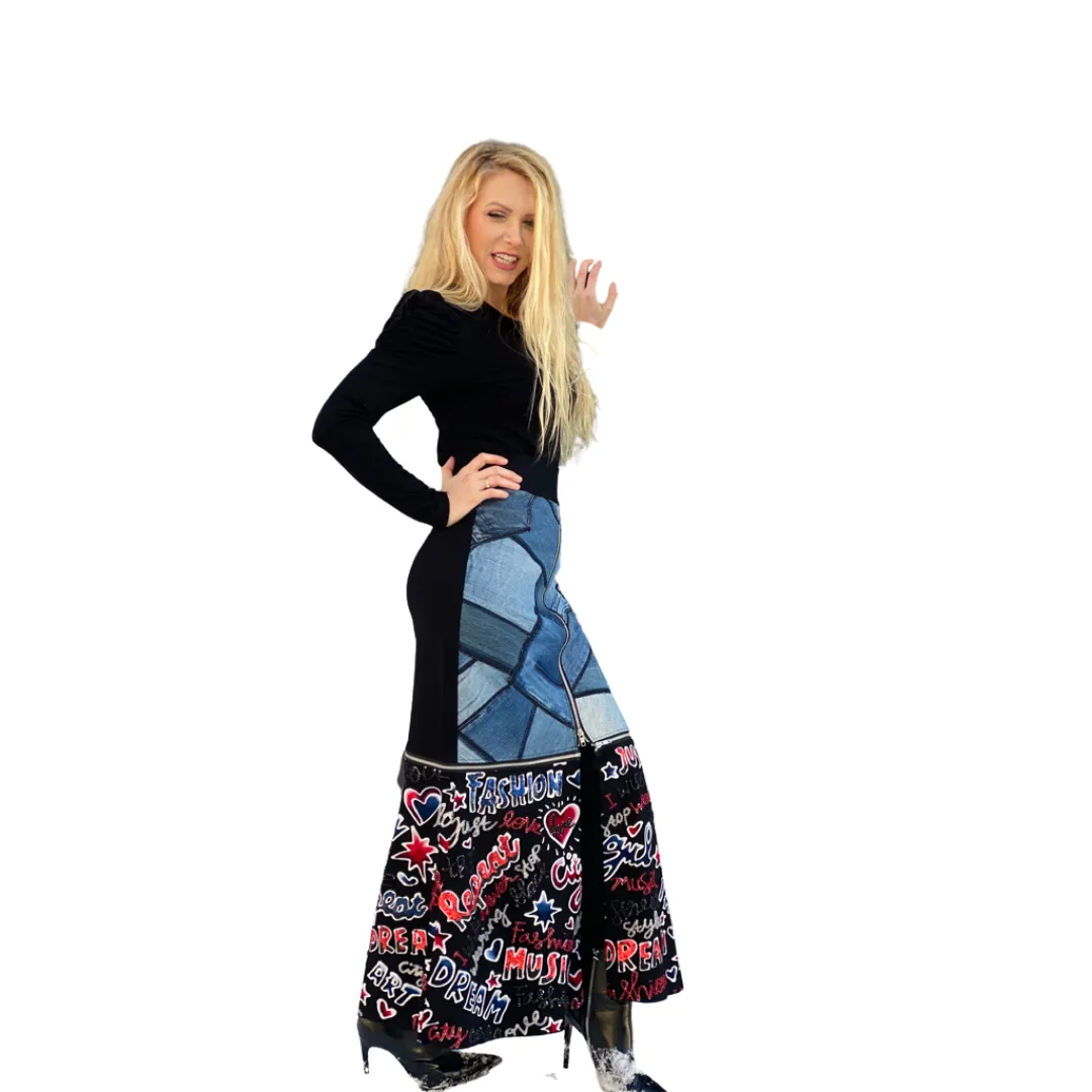 Denim Sequin Mixed Scribble Zip Off Skirt