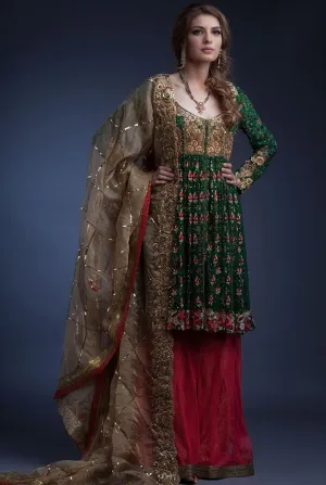 Designer peplum sharara dress in green and pink color # B3327