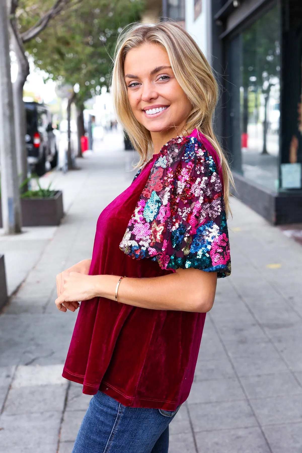 Diva Dreams Wine Floral Sequin Puff Sleeve Velvet Top