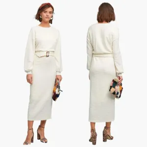 DOLAN Long-Sleeve Jacqueline Belted Midaxi Pencil Dress (Ivory | Size S)