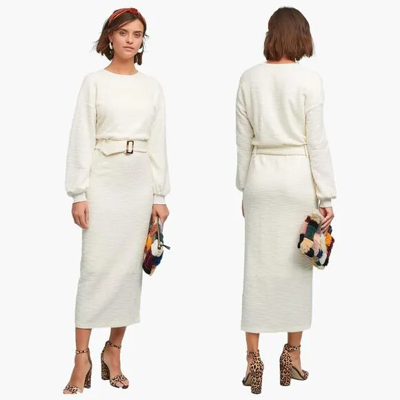 DOLAN Long-Sleeve Jacqueline Belted Midaxi Pencil Dress (Ivory | Size S)