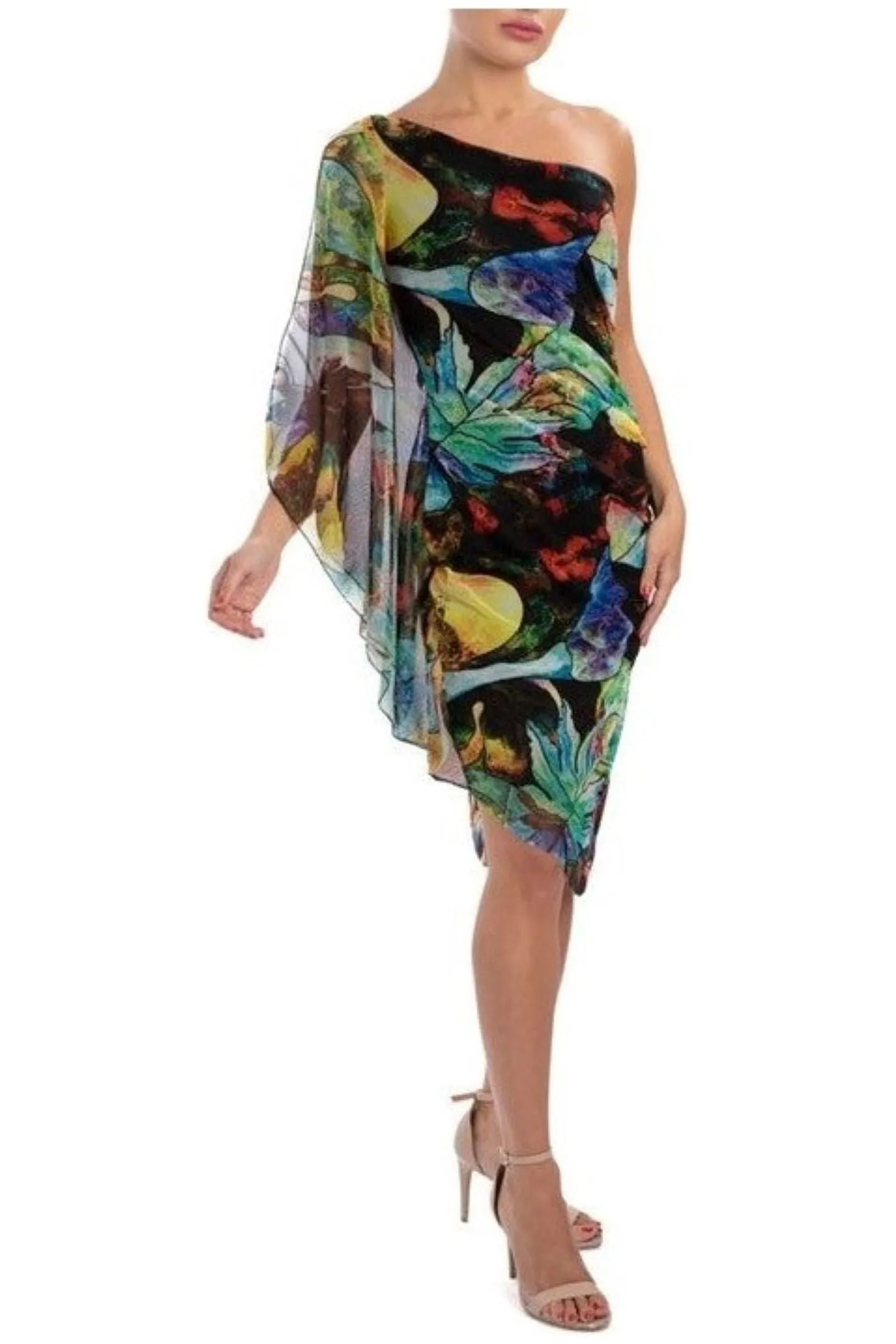 DOMINQUE One Shoulder Angel Sleeve Asymmetrical Hem Dress