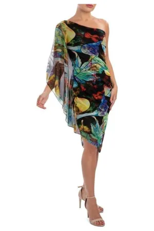 DOMINQUE One Shoulder Angel Sleeve Asymmetrical Hem Dress