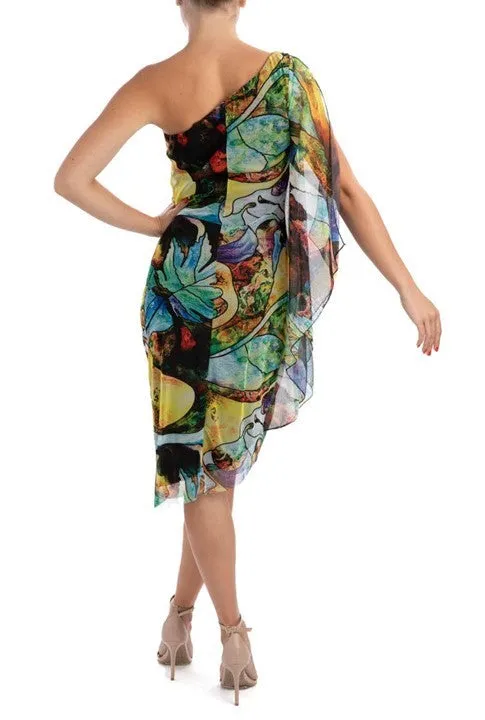 DOMINQUE One Shoulder Angel Sleeve Asymmetrical Hem Dress