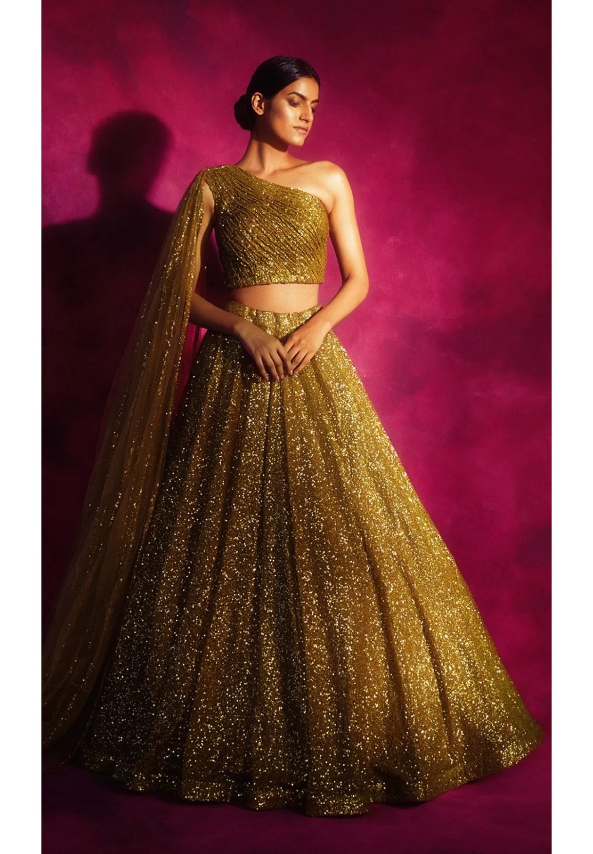 Dull Gold One Shoulder Veil Lehenga Set