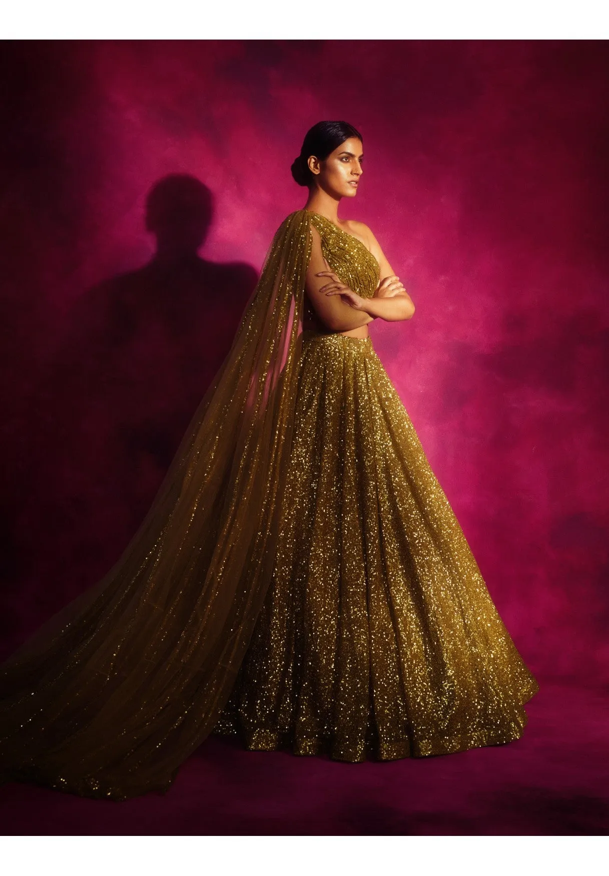 Dull Gold One Shoulder Veil Lehenga Set
