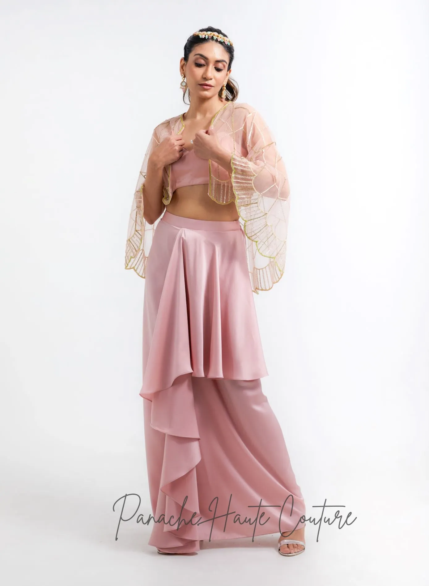 Dusty Pink Color Dhoti Skirt with Cape