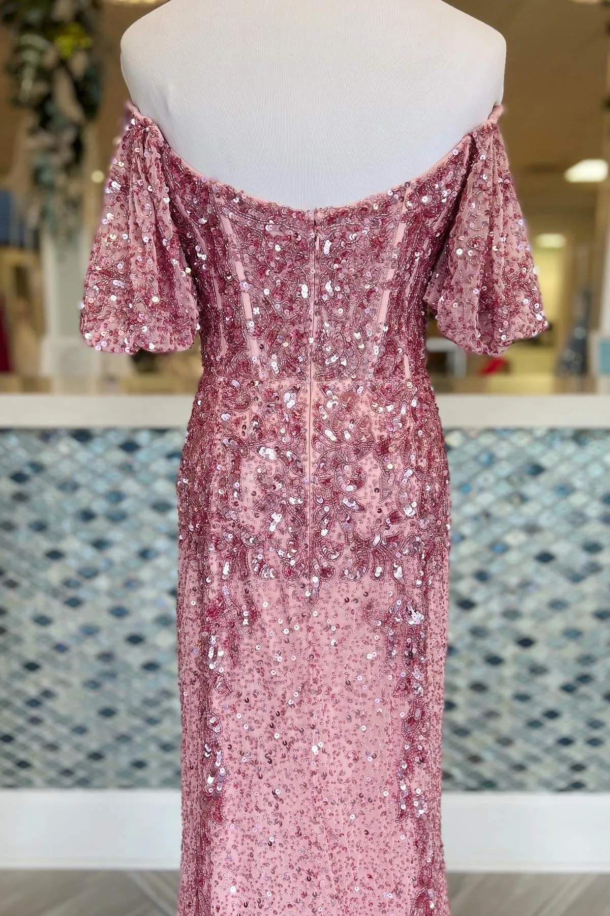 Dusty Rose Off-the-Shoulder Beaded Sequins Long Prom Dress