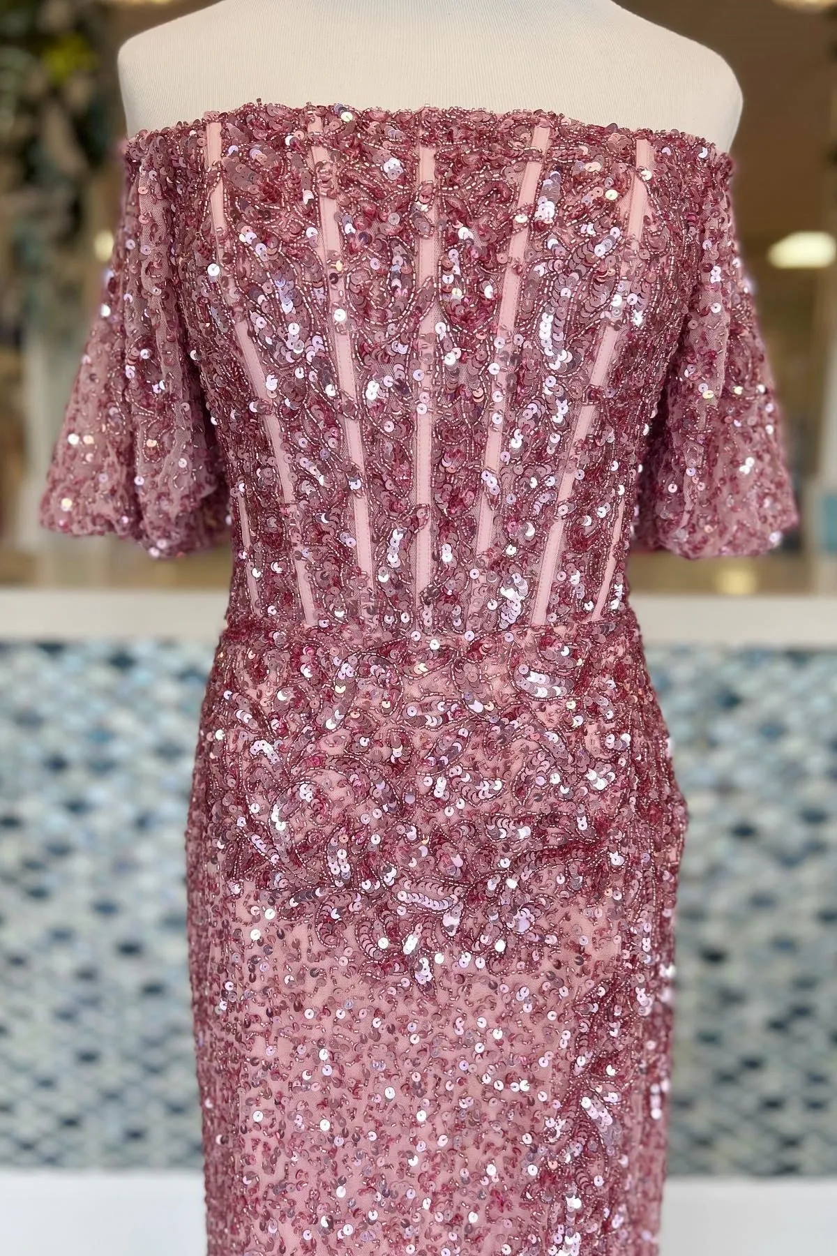 Dusty Rose Off-the-Shoulder Beaded Sequins Long Prom Dress