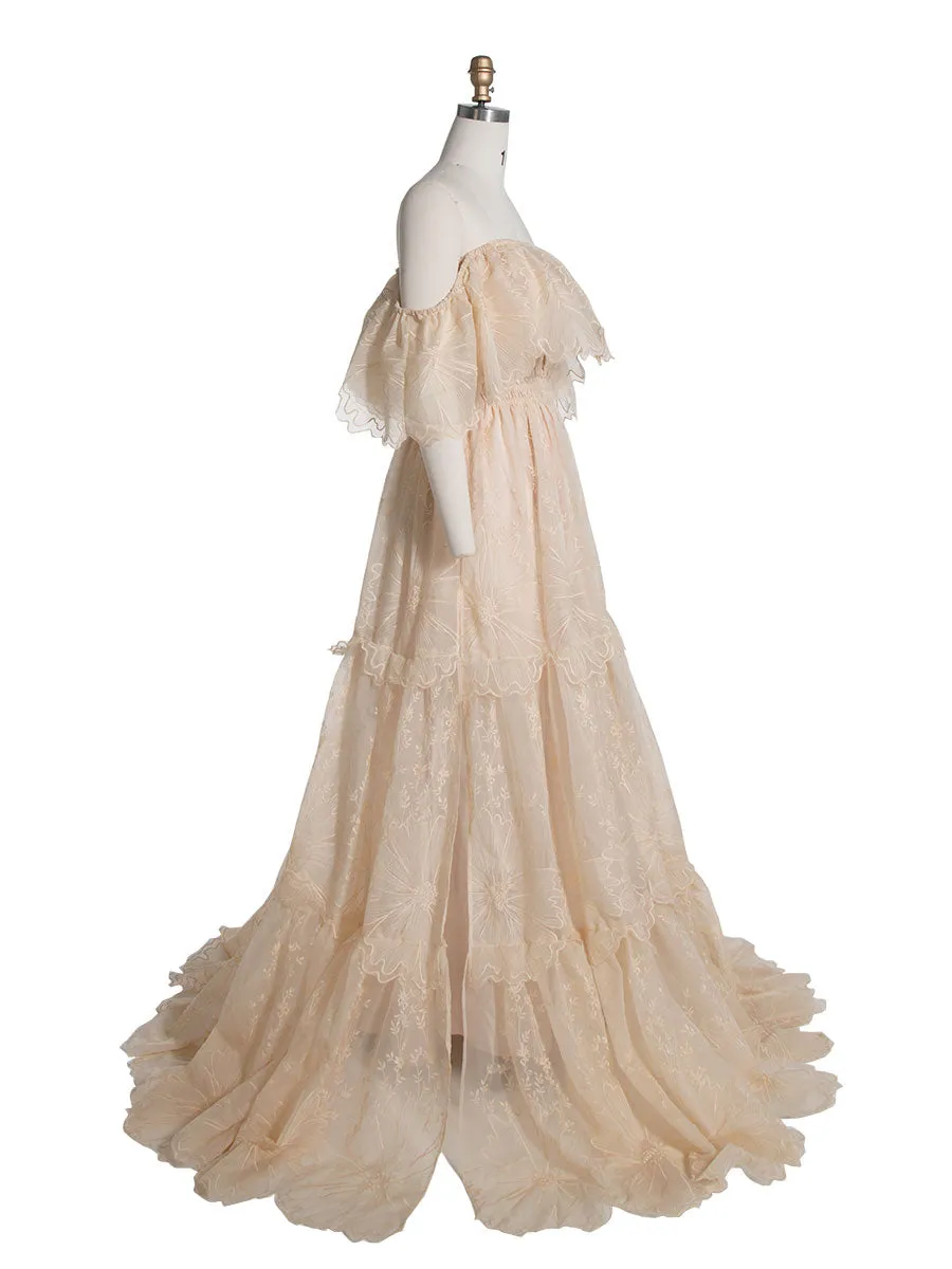 Elegance Off Shoulder Lace Boho Dress Photoshoot Dress Bohemian Maternity Gown Baby Shower YW240067