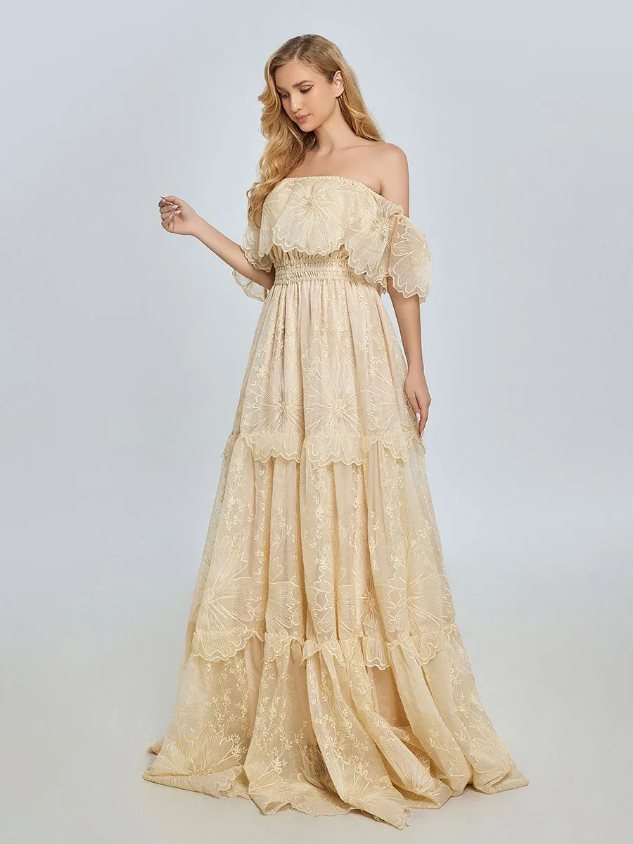 Elegance Off Shoulder Lace Boho Dress Photoshoot Dress Bohemian Maternity Gown Baby Shower YW240067
