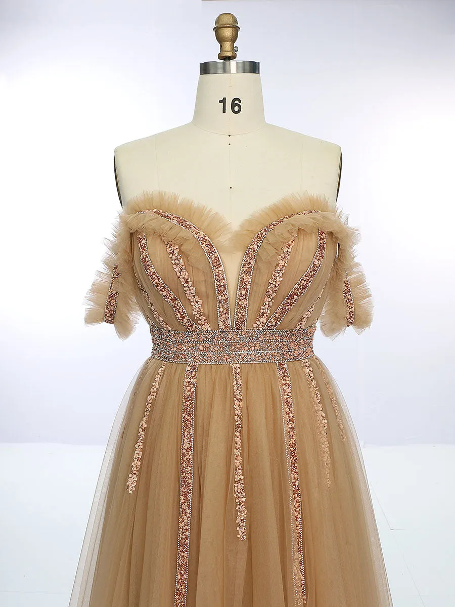 Elegant Off Shoulder Tulle Prom Dress for Photo Shoot Handmade Crystals Stones Photoshoot Dress YW231058
