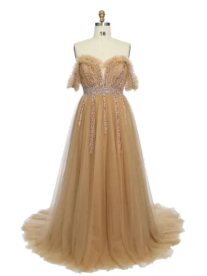 Elegant Off Shoulder Tulle Prom Dress for Photo Shoot Handmade Crystals Stones Photoshoot Dress YW231058