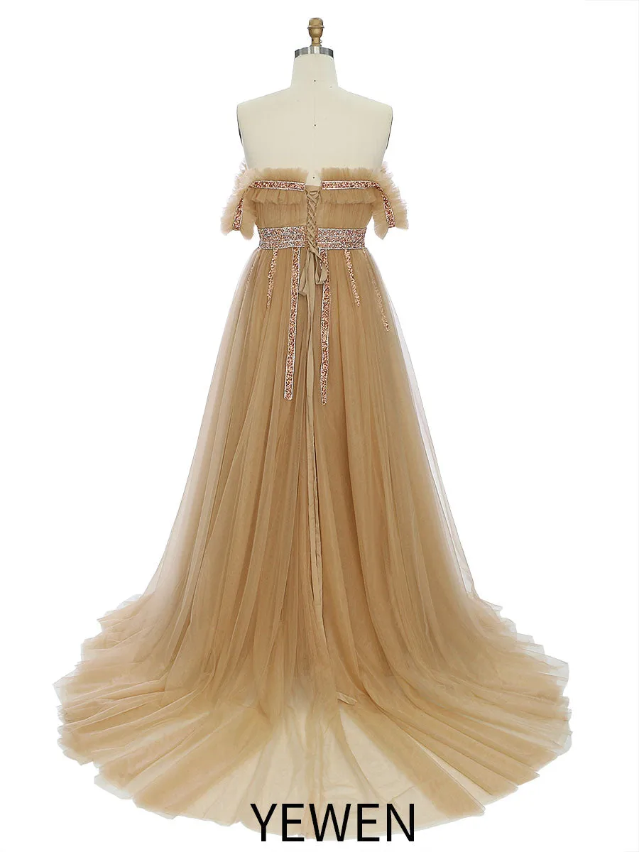 Elegant Off Shoulder Tulle Prom Dress for Photo Shoot Handmade Crystals Stones Photoshoot Dress YW231058