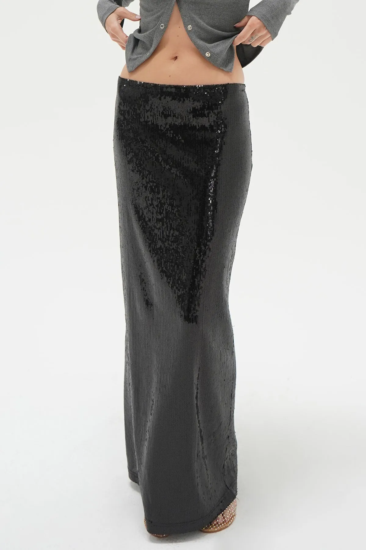 Elettra Sequin Column Skirt - Black Sequin