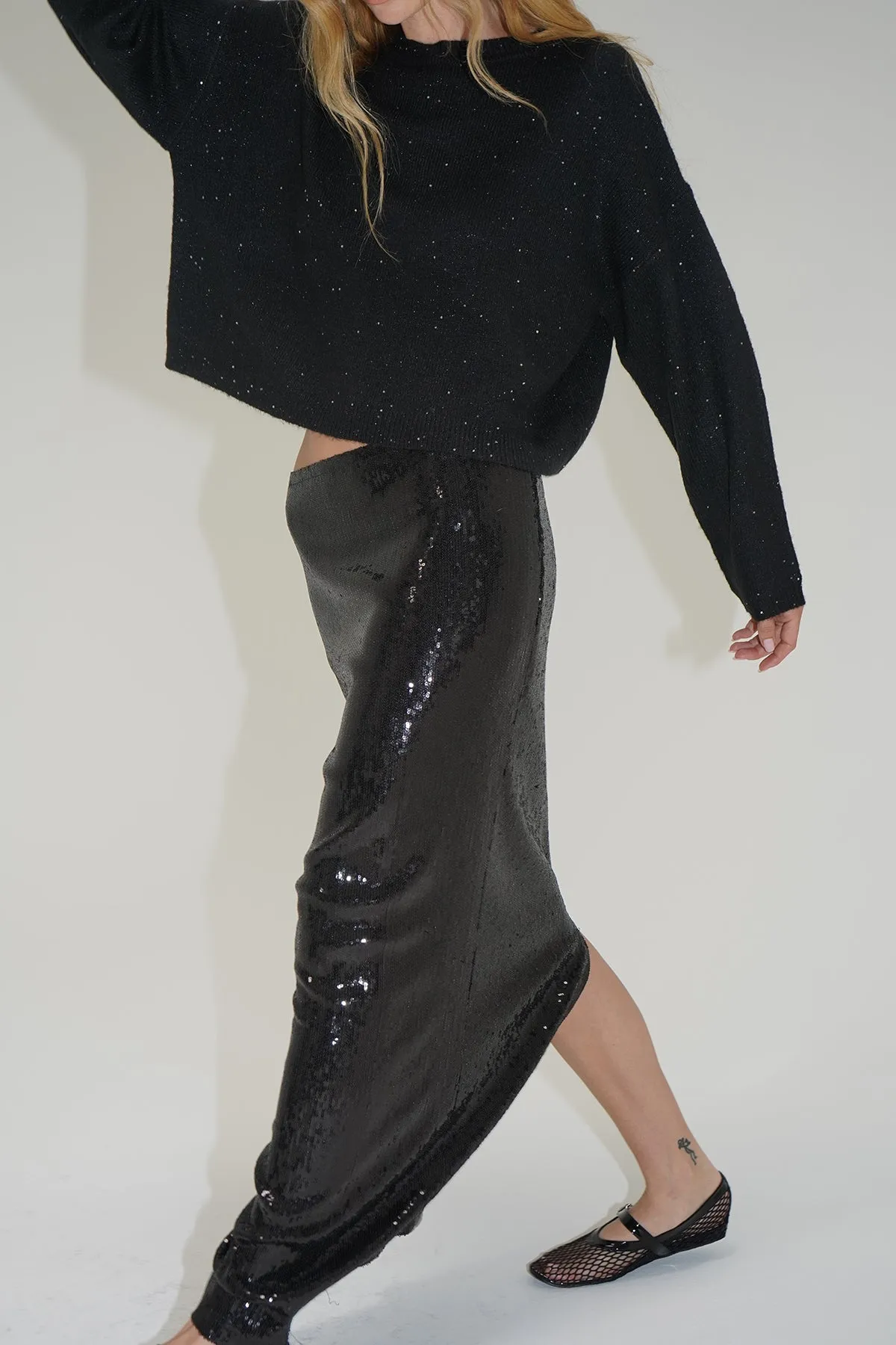 Elettra Sequin Column Skirt - Black Sequin