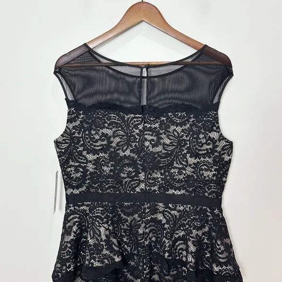 Eliza J Illusion Neck Lace Peplum Cocktail Dress Black Nude Size 12 New