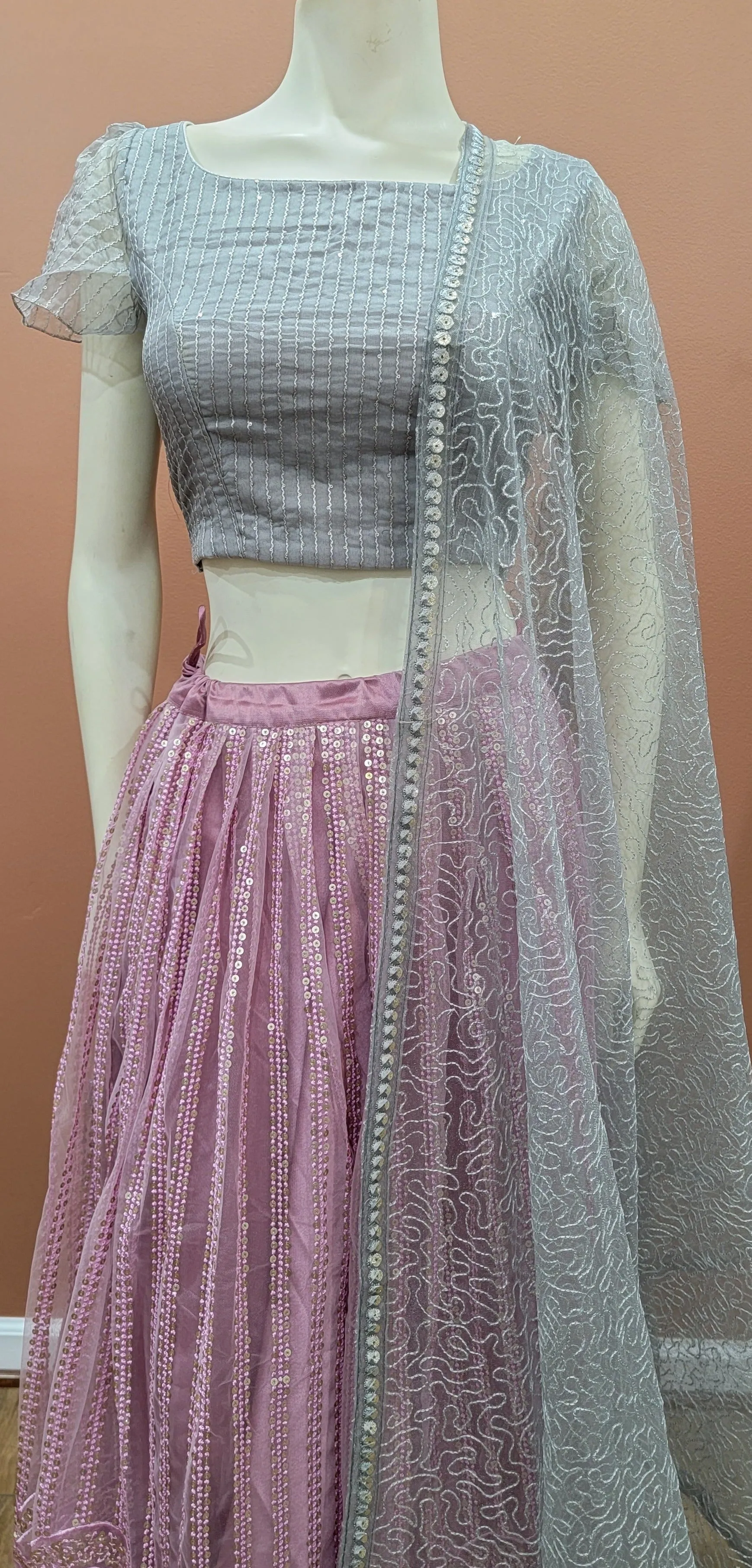 Embroidered Net Lehenga Set in Grey and Pink