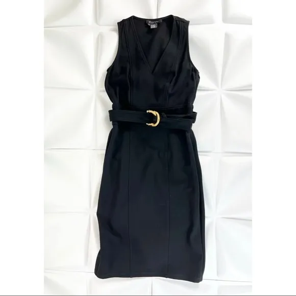 Etcetera Sz 2 Black Ponte Knit Sheath Midi xs Bamboo Belted Dress Pencil