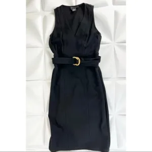 Etcetera Sz 2 Black Ponte Knit Sheath Midi xs Bamboo Belted Dress Pencil
