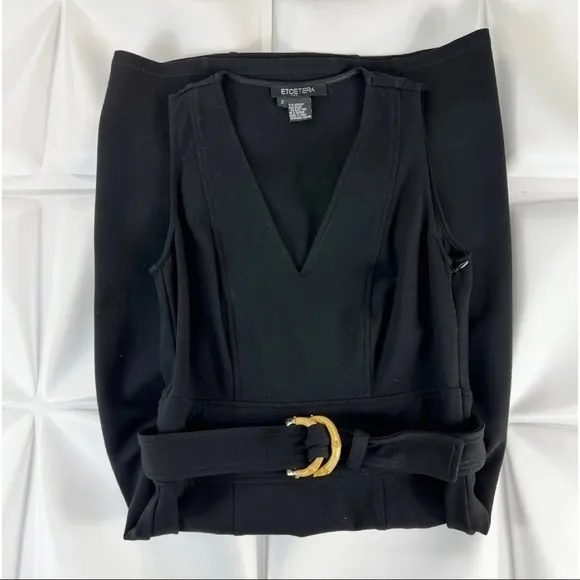 Etcetera Sz 2 Black Ponte Knit Sheath Midi xs Bamboo Belted Dress Pencil