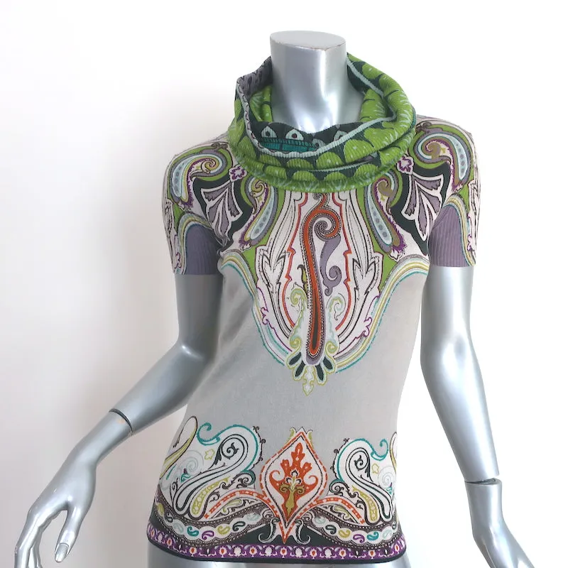 Etro Cowl Neck Short Sleeve Sweater Top Gray/Multicolor Printed Knit Size 38