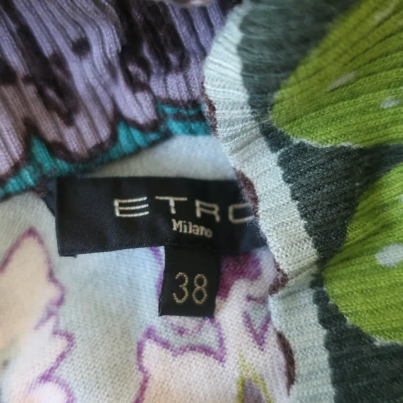 Etro Cowl Neck Short Sleeve Sweater Top Gray/Multicolor Printed Knit Size 38