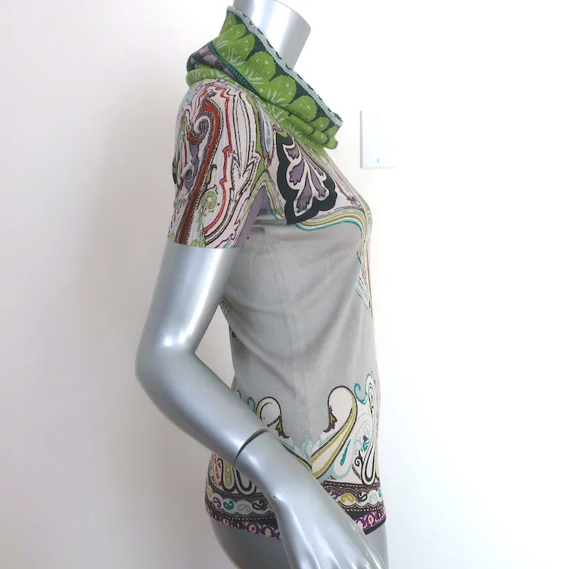 Etro Cowl Neck Short Sleeve Sweater Top Gray/Multicolor Printed Knit Size 38