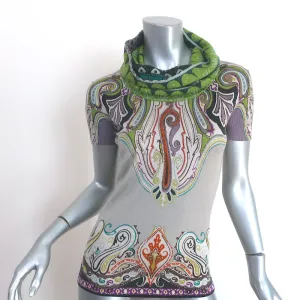 Etro Cowl Neck Short Sleeve Sweater Top Gray/Multicolor Printed Knit Size 38