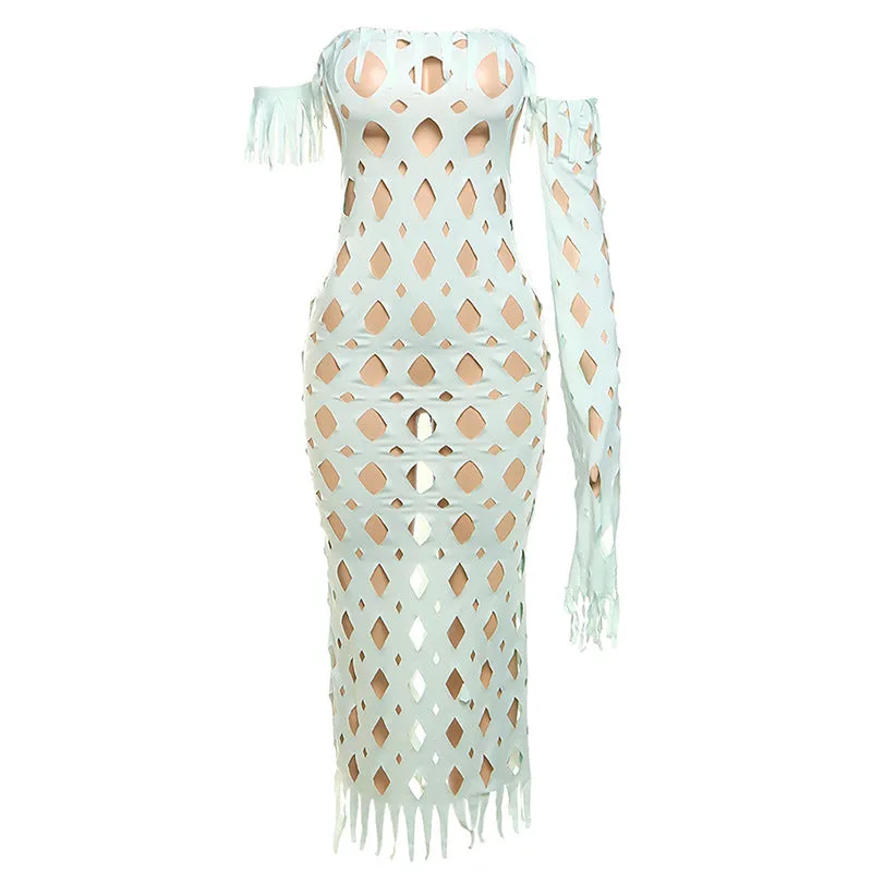Europe and America2023Fall Foreign Trade Women's Clothing New Sexy off-Shoulder Hollow-out One-Sleeve High Waist Slim-Fit Long Dress