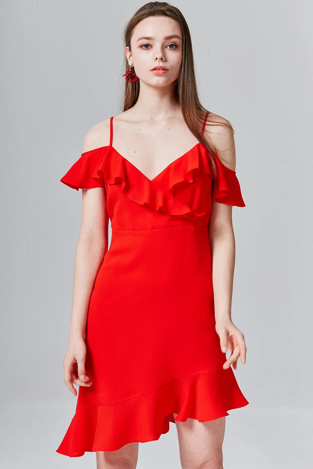 Evie Ruffle Open-Shoulder Dress