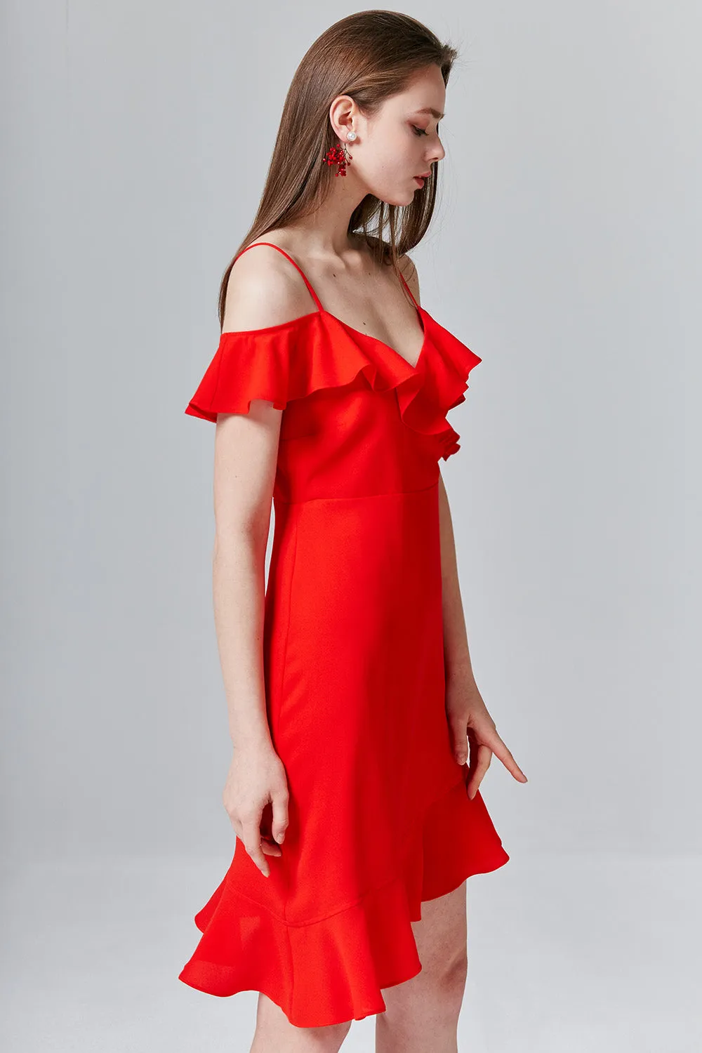 Evie Ruffle Open-Shoulder Dress