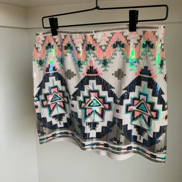 Express High Waist Tan Sequin Beaded Aztec Tribal Mini Skirt Small