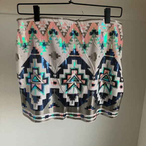 Express High Waist Tan Sequin Beaded Aztec Tribal Mini Skirt Small