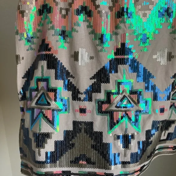 Express High Waist Tan Sequin Beaded Aztec Tribal Mini Skirt Small