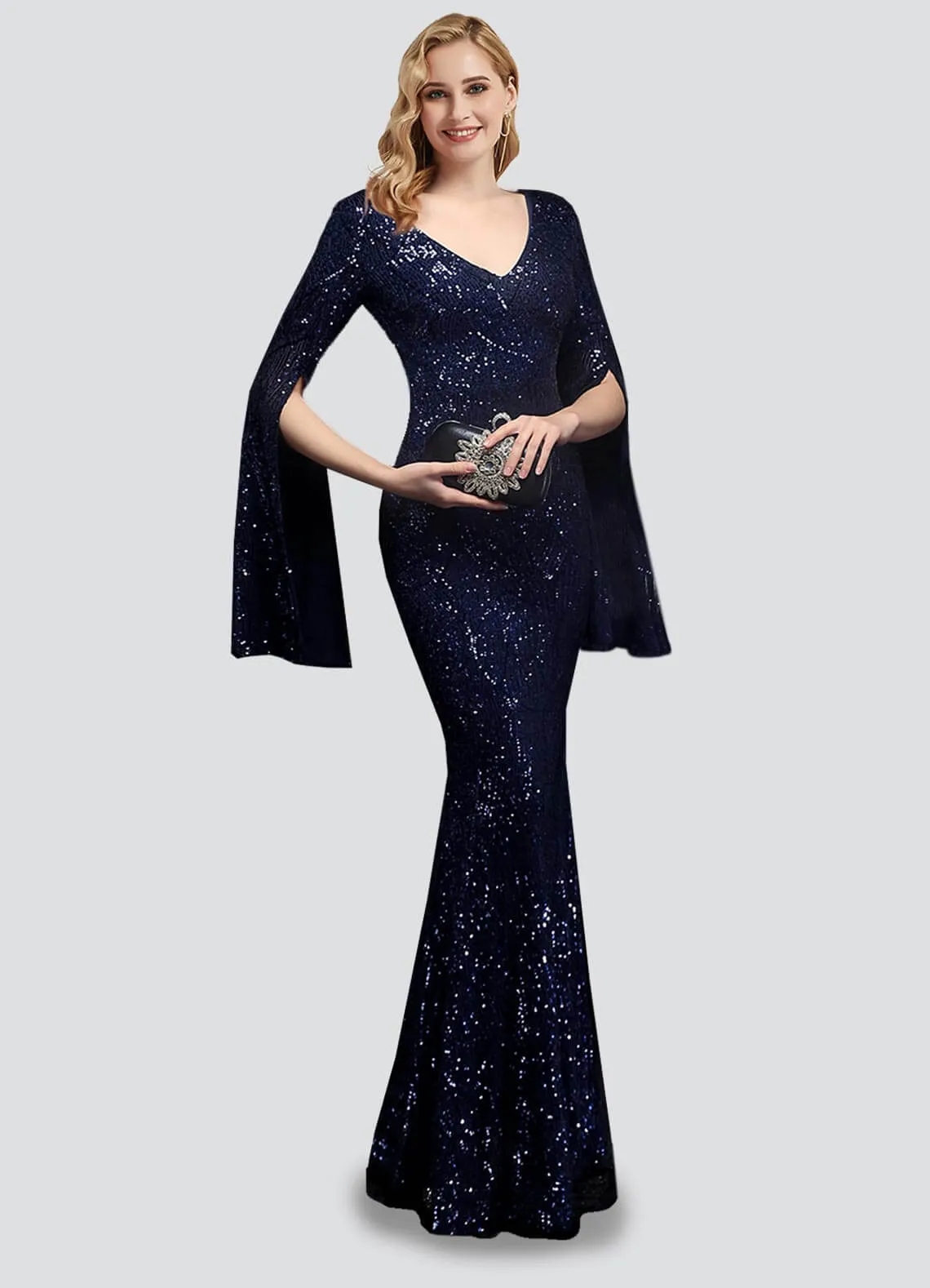 [Final Sale] Navy Blue V-Neck Long Slit Sleeves Sequin Floor Length Mermaid Dress
