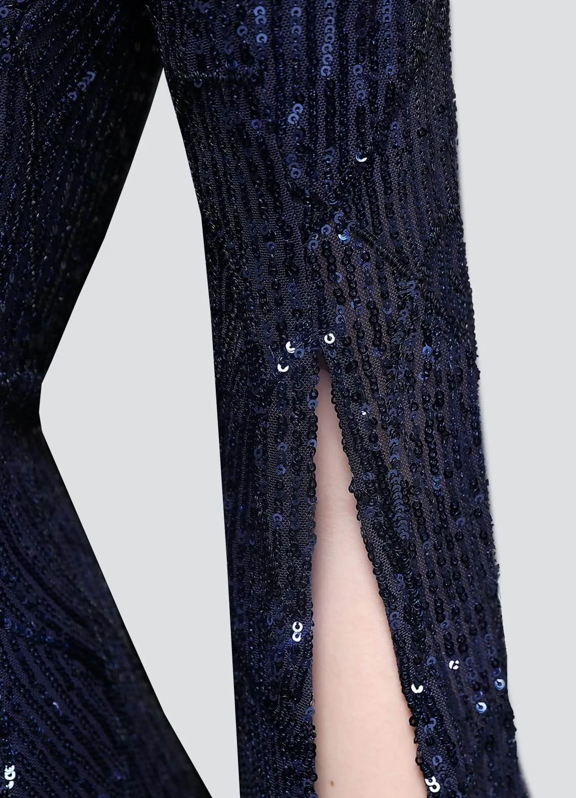 [Final Sale] Navy Blue V-Neck Long Slit Sleeves Sequin Floor Length Mermaid Dress